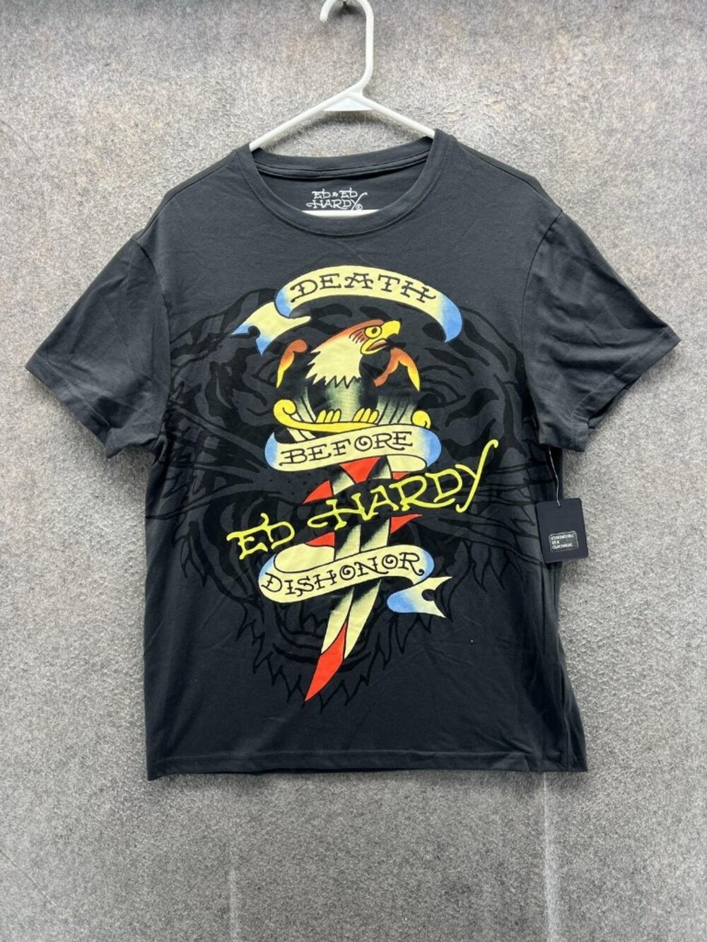 Ed Hardy Shirt Mens Medium Gray Death Before Dishonor Eagle Graphic Tee Tattoo